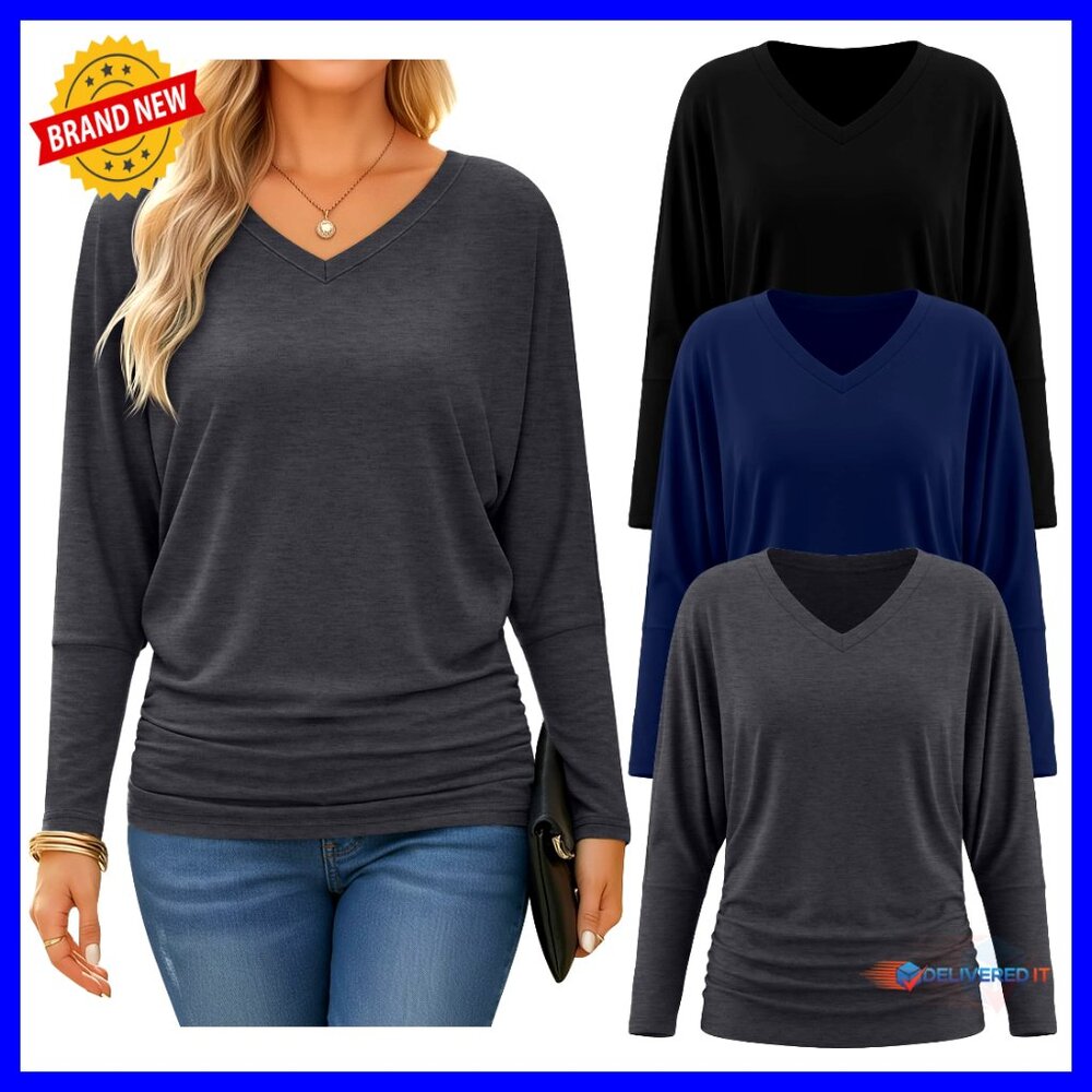 Long Sleeve Dolman Top Flowy Draped Bat Wing V Neck Casual Chic Tee